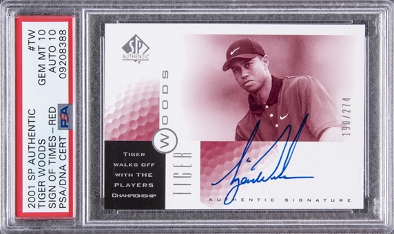 2001 SP Authentic Sign of the Times Red #TW Tiger Woods Signed Rookie Card (#190/274) - PSA GEM MT 10, PSA/DNA 10